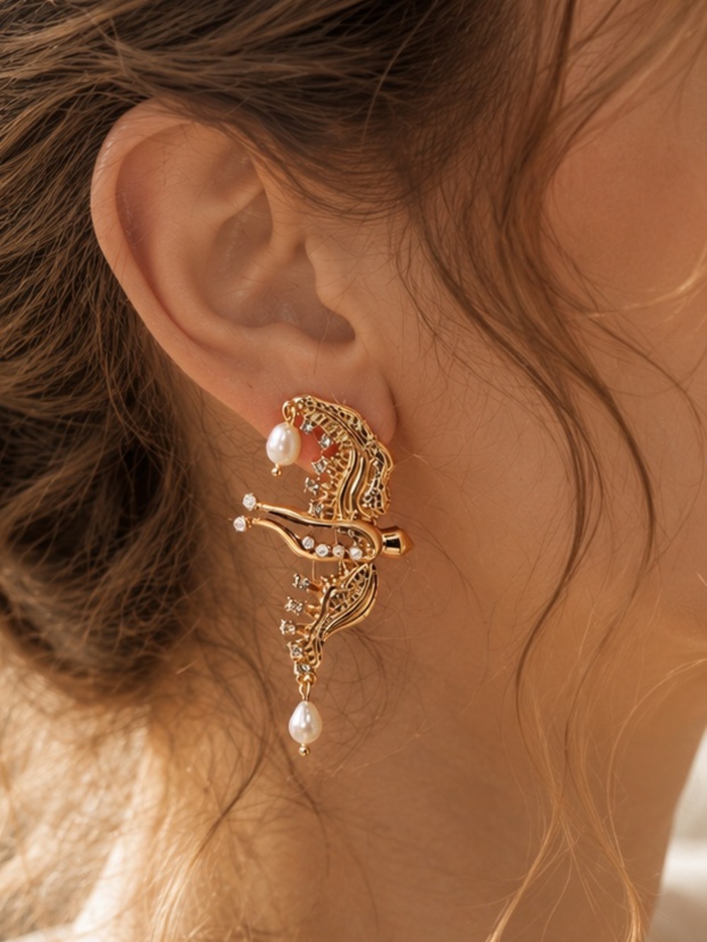 Gold Bird Filigree Pearl Drop Women’s Earring
